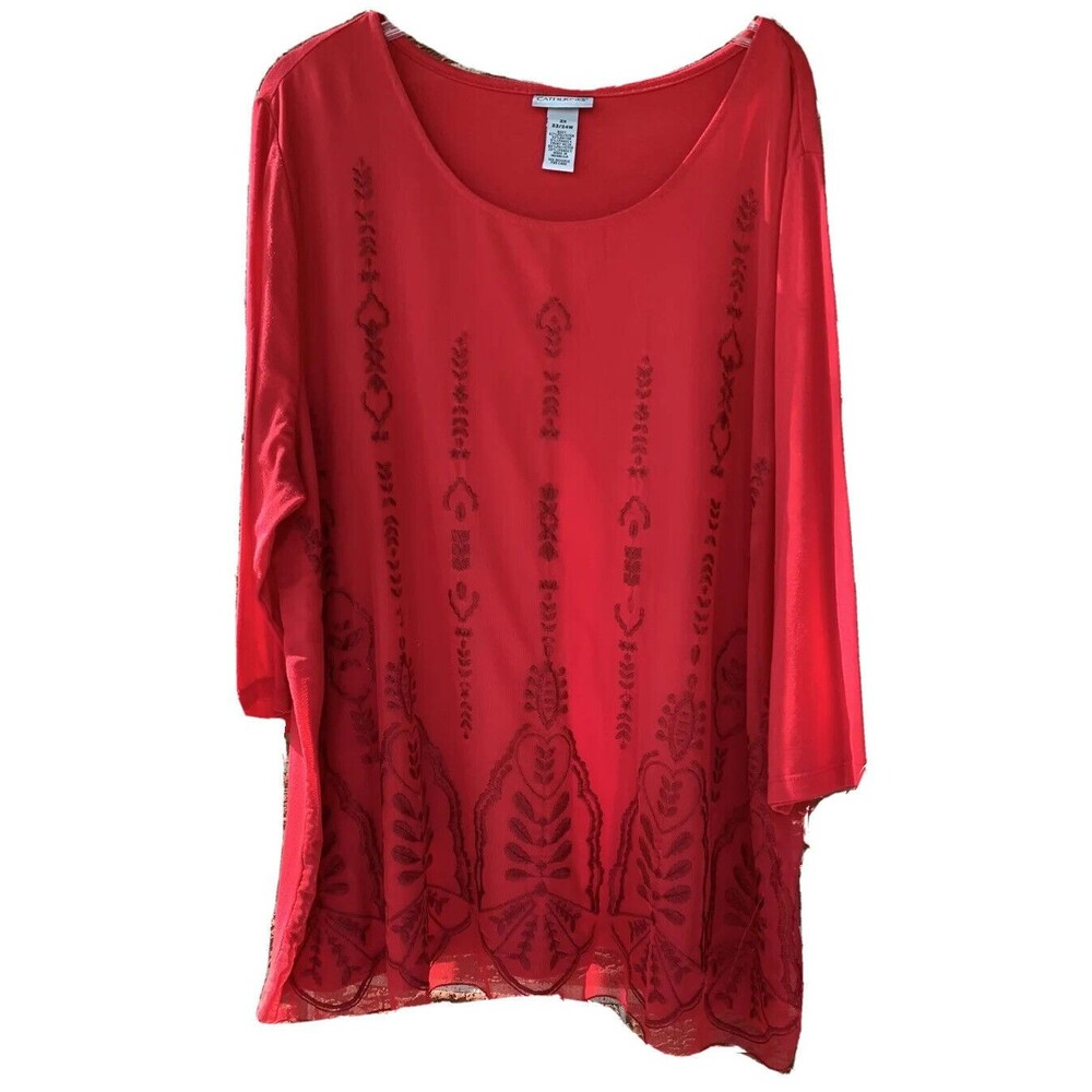 Catherines Plus 2X Top Blouse Red Embroidered Mesh Pullover Round Neck 3/4 Sleev